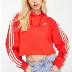 Women’s Medium Red Original Adidas Hoodie Crop Top 3 Stripes Trifold